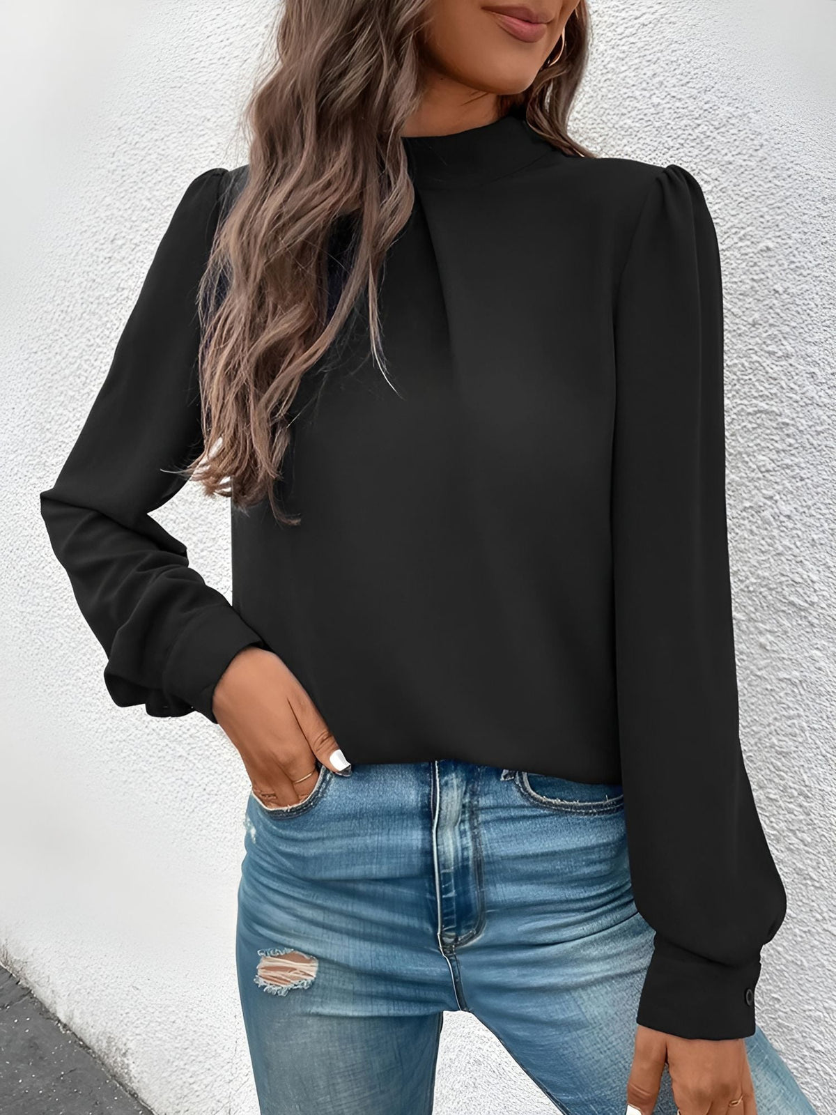 Satin Mock Neck Puff Sleeves Work Blouse