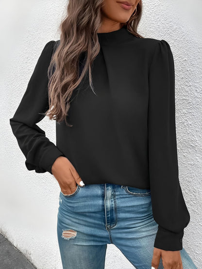 Satin Mock Neck Puff Sleeves Work Blouse