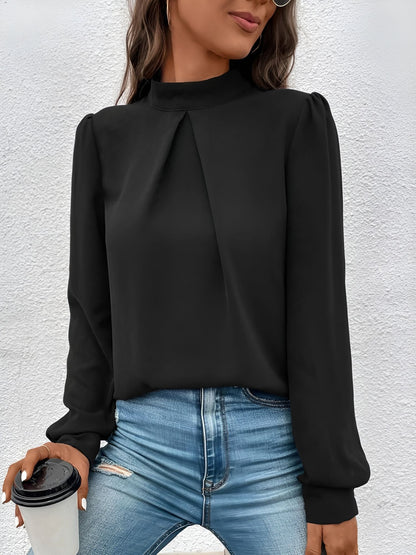 Satin Mock Neck Puff Sleeves Work Blouse