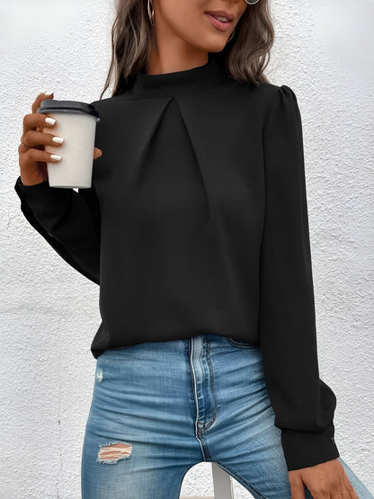 Satin Mock Neck Puff Sleeves Work Blouse
