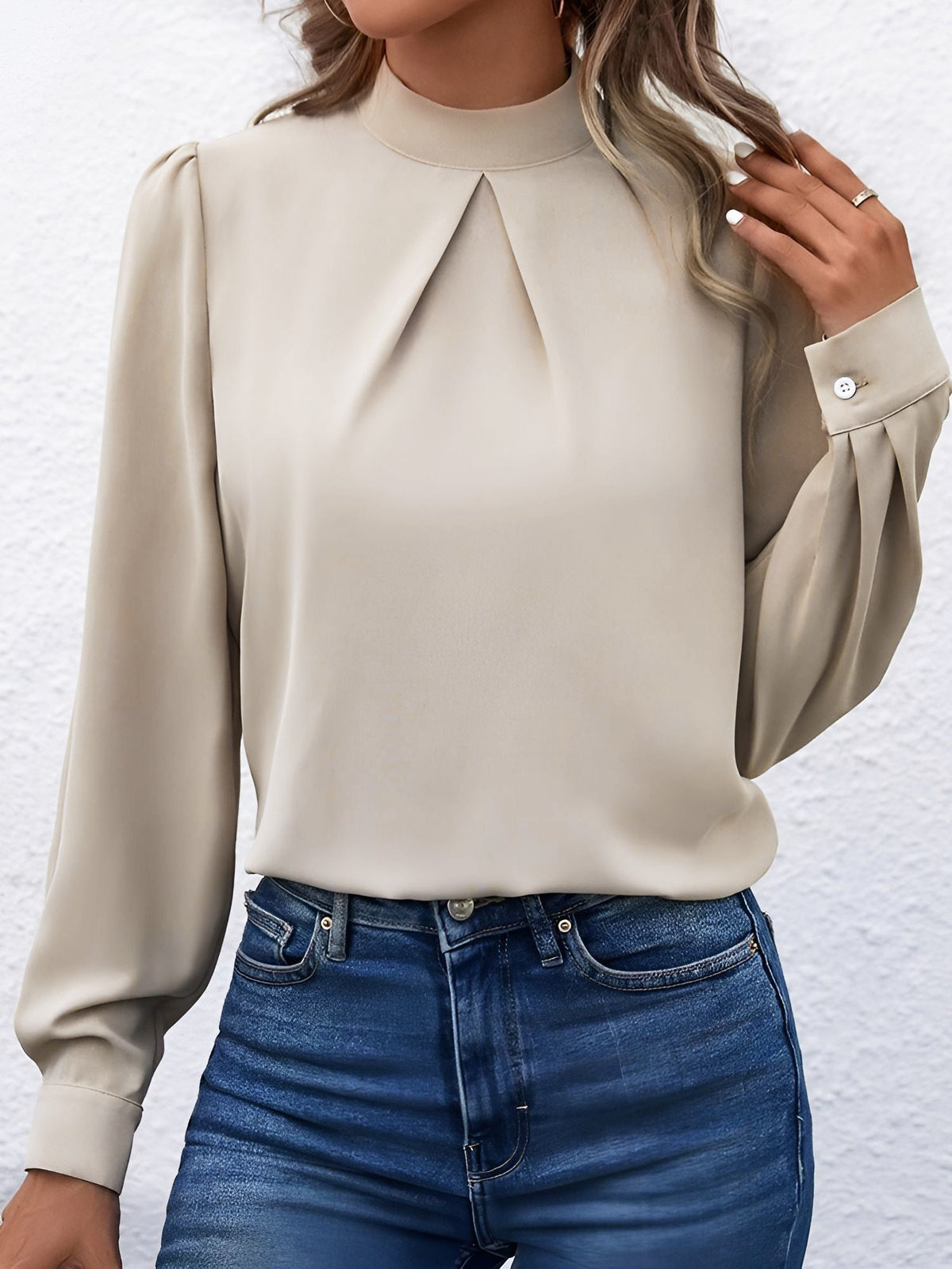 Satin Mock Neck Puff Sleeves Work Blouse