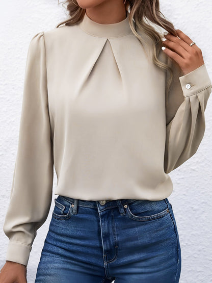 Satin Mock Neck Puff Sleeves Work Blouse