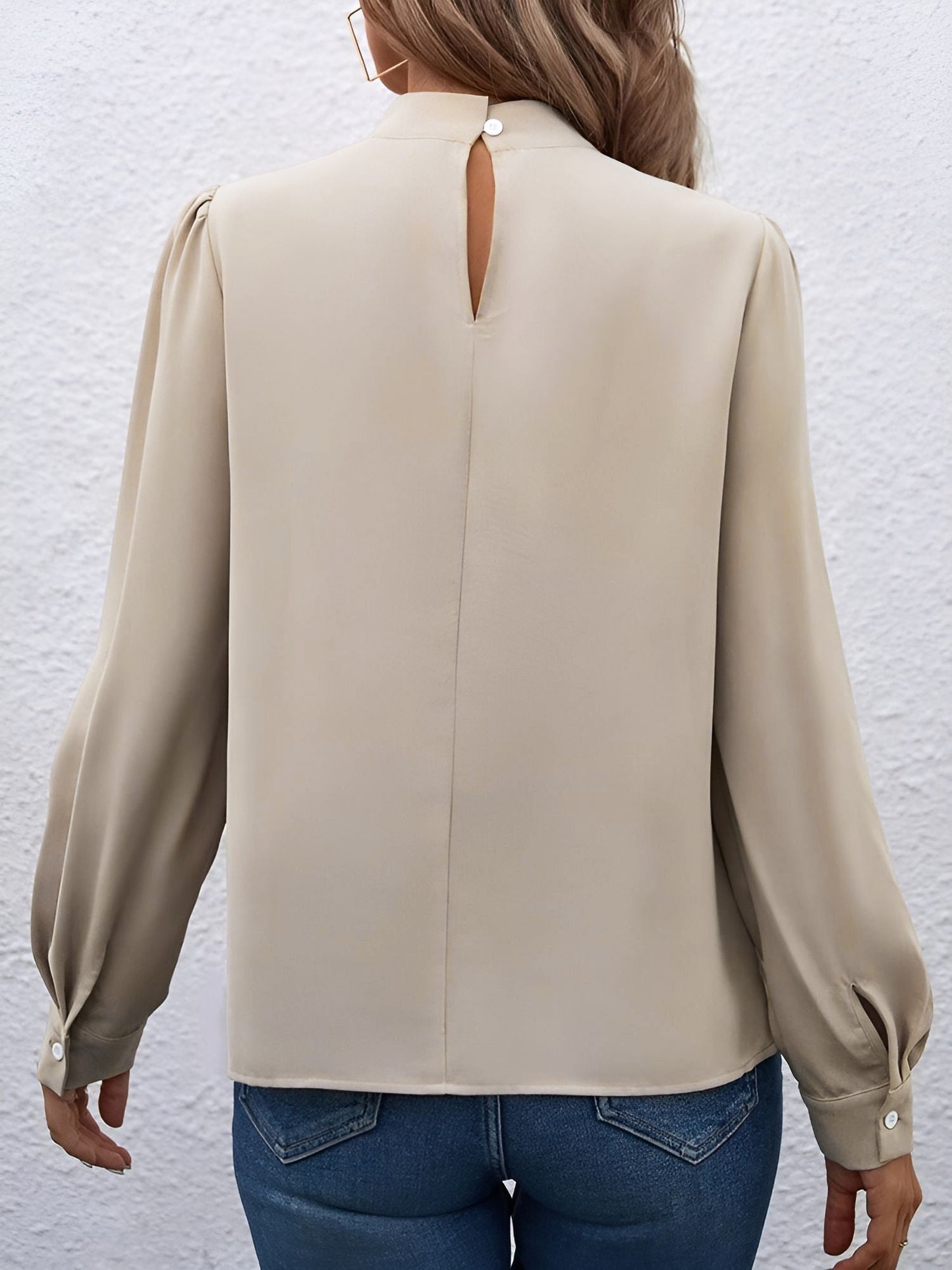 Satin Mock Neck Puff Sleeves Work Blouse
