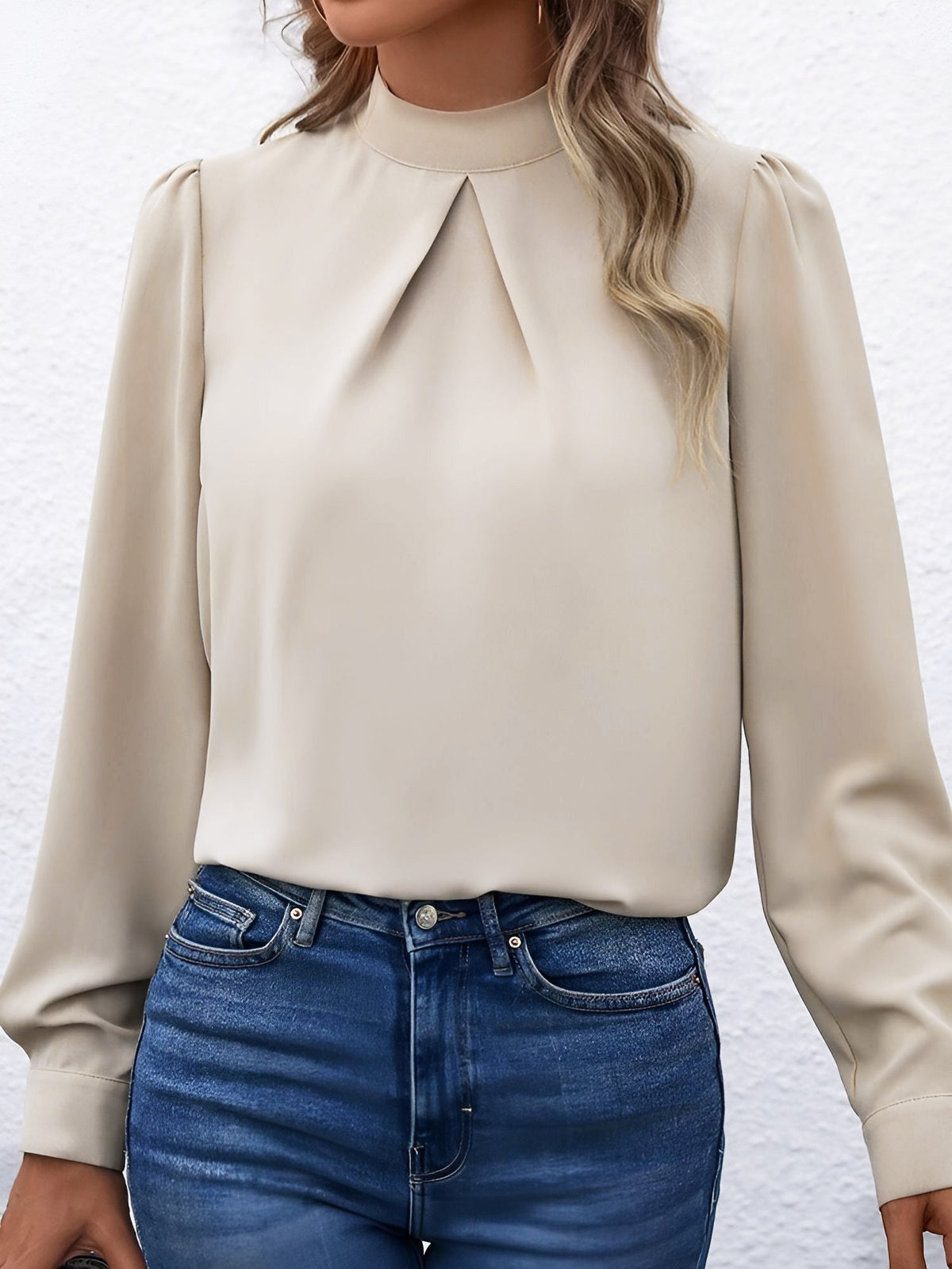 Satin Mock Neck Puff Sleeves Work Blouse