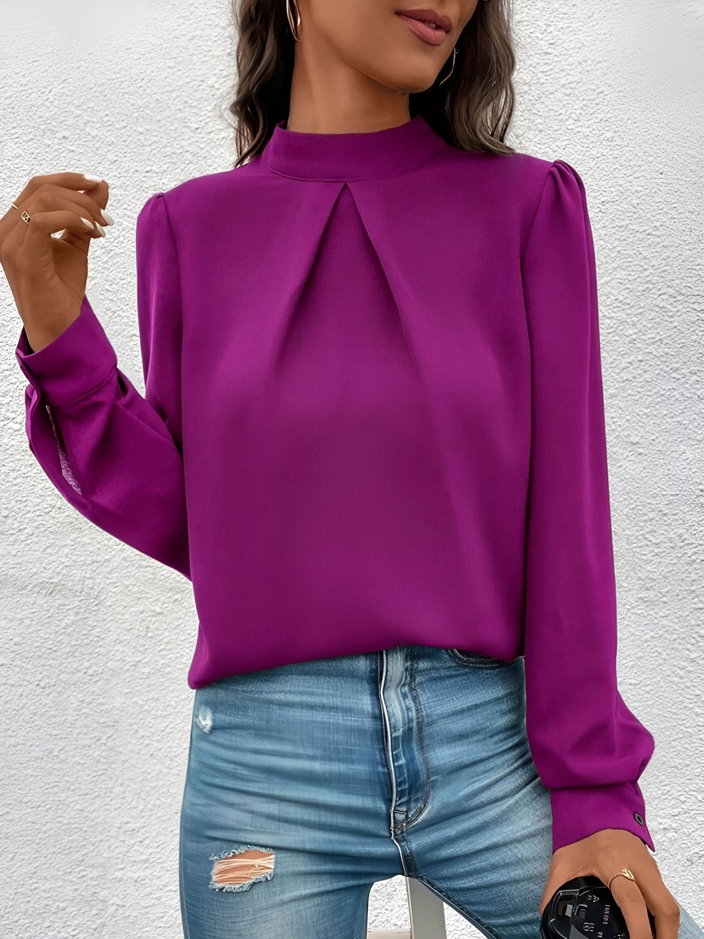 Satin Mock Neck Puff Sleeves Work Blouse