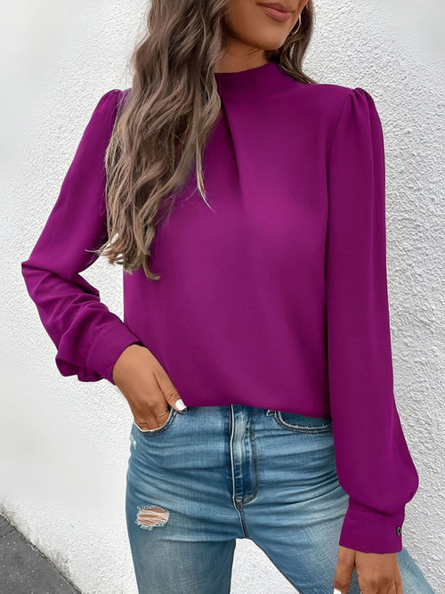 Satin Mock Neck Puff Sleeves Work Blouse