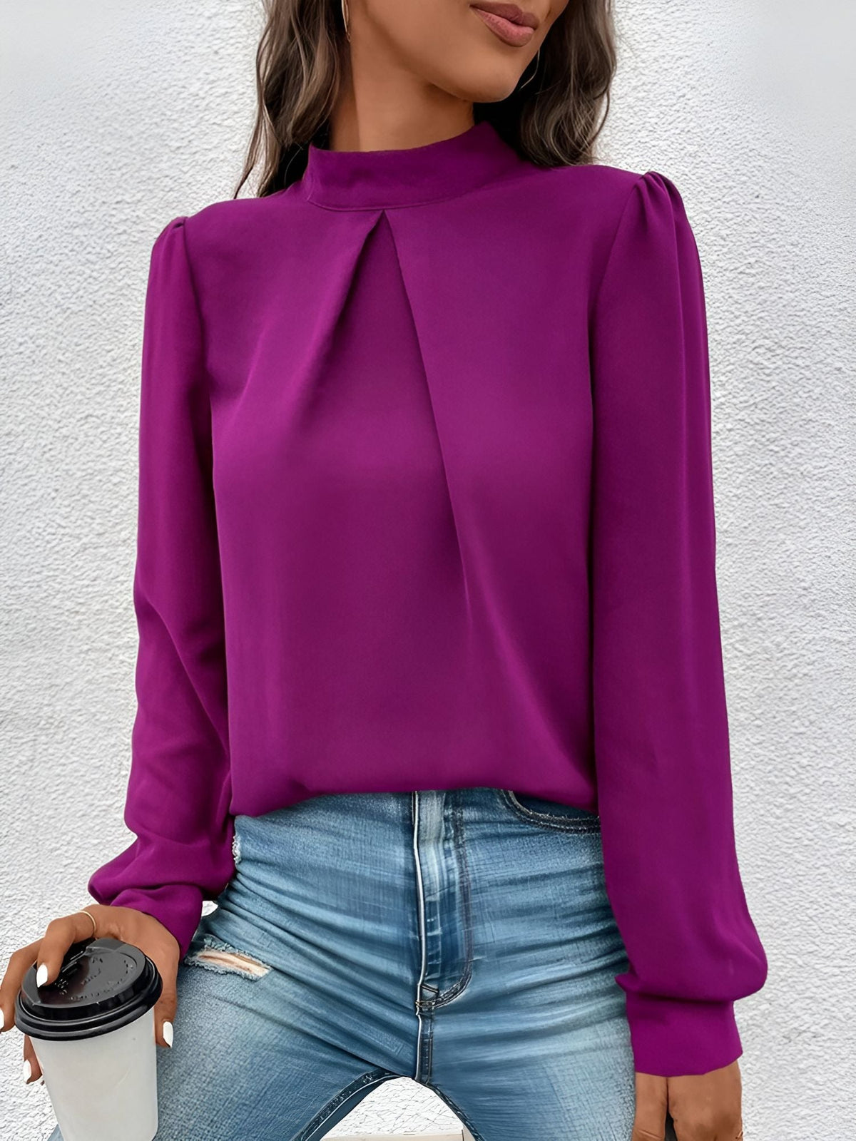 Satin Mock Neck Puff Sleeves Work Blouse