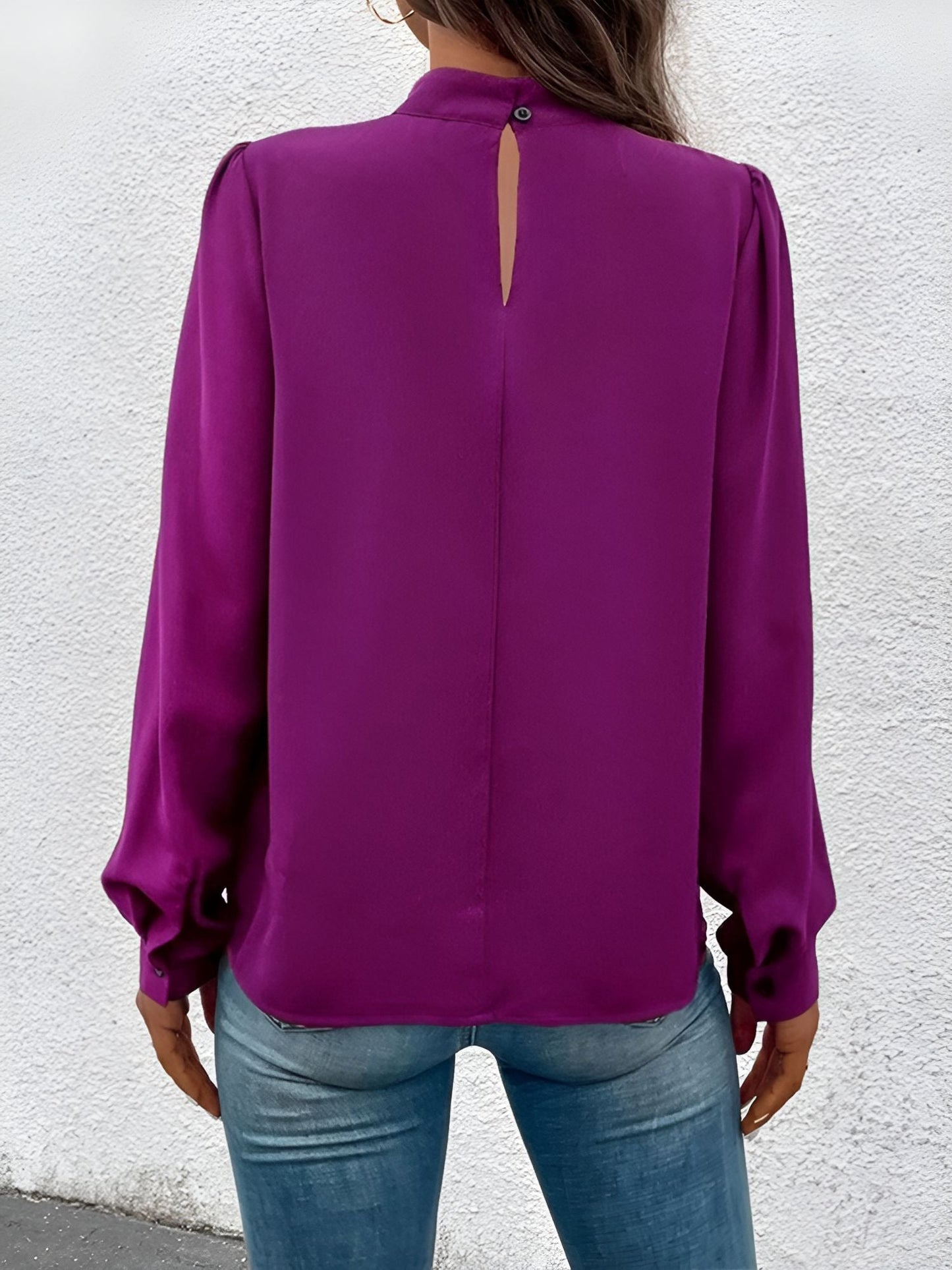 Satin Mock Neck Puff Sleeves Work Blouse