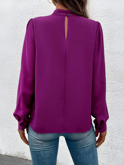 Satin Mock Neck Puff Sleeves Work Blouse