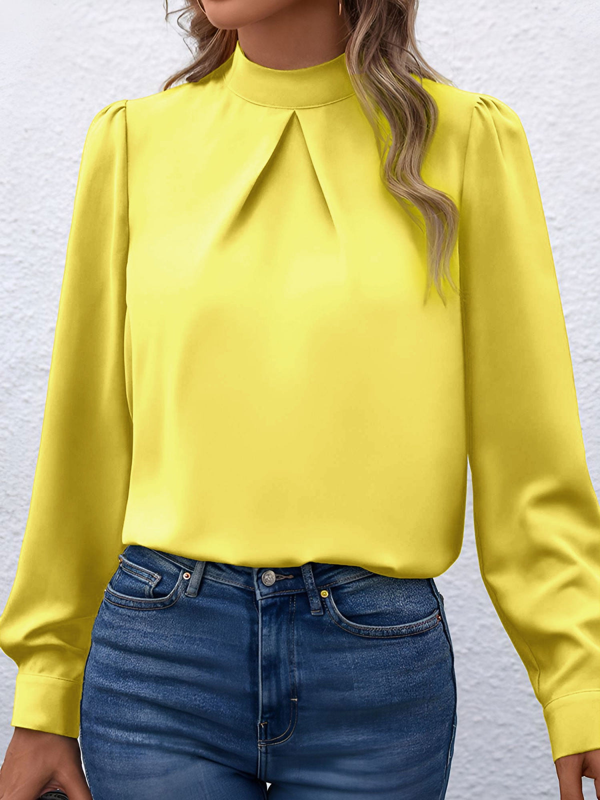 Satin Mock Neck Puff Sleeves Work Blouse