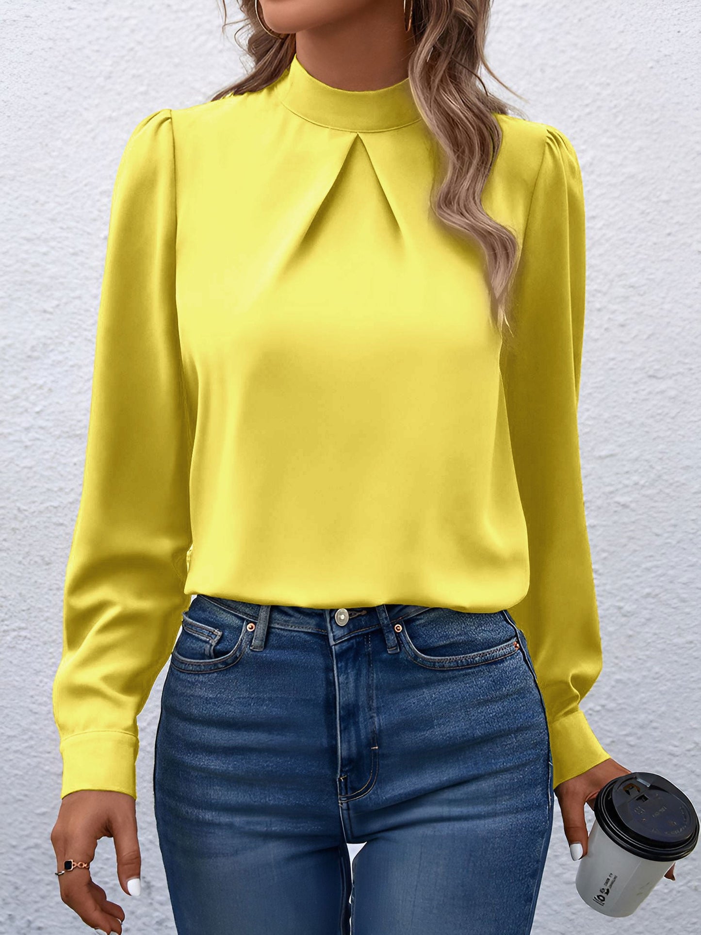 Satin Mock Neck Puff Sleeves Work Blouse