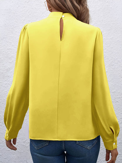 Satin Mock Neck Puff Sleeves Work Blouse