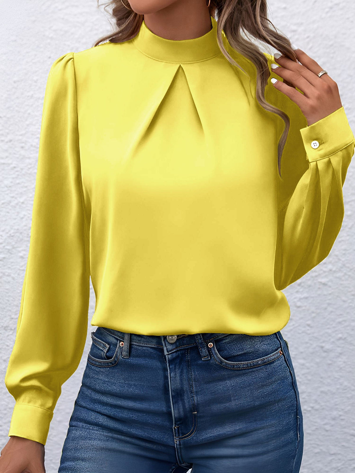 Satin Mock Neck Puff Sleeves Work Blouse