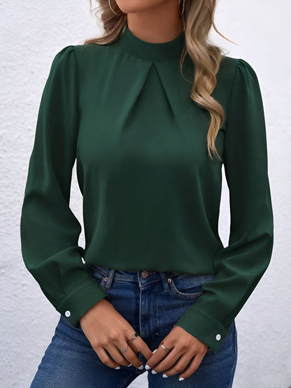 Satin Mock Neck Puff Sleeves Work Blouse