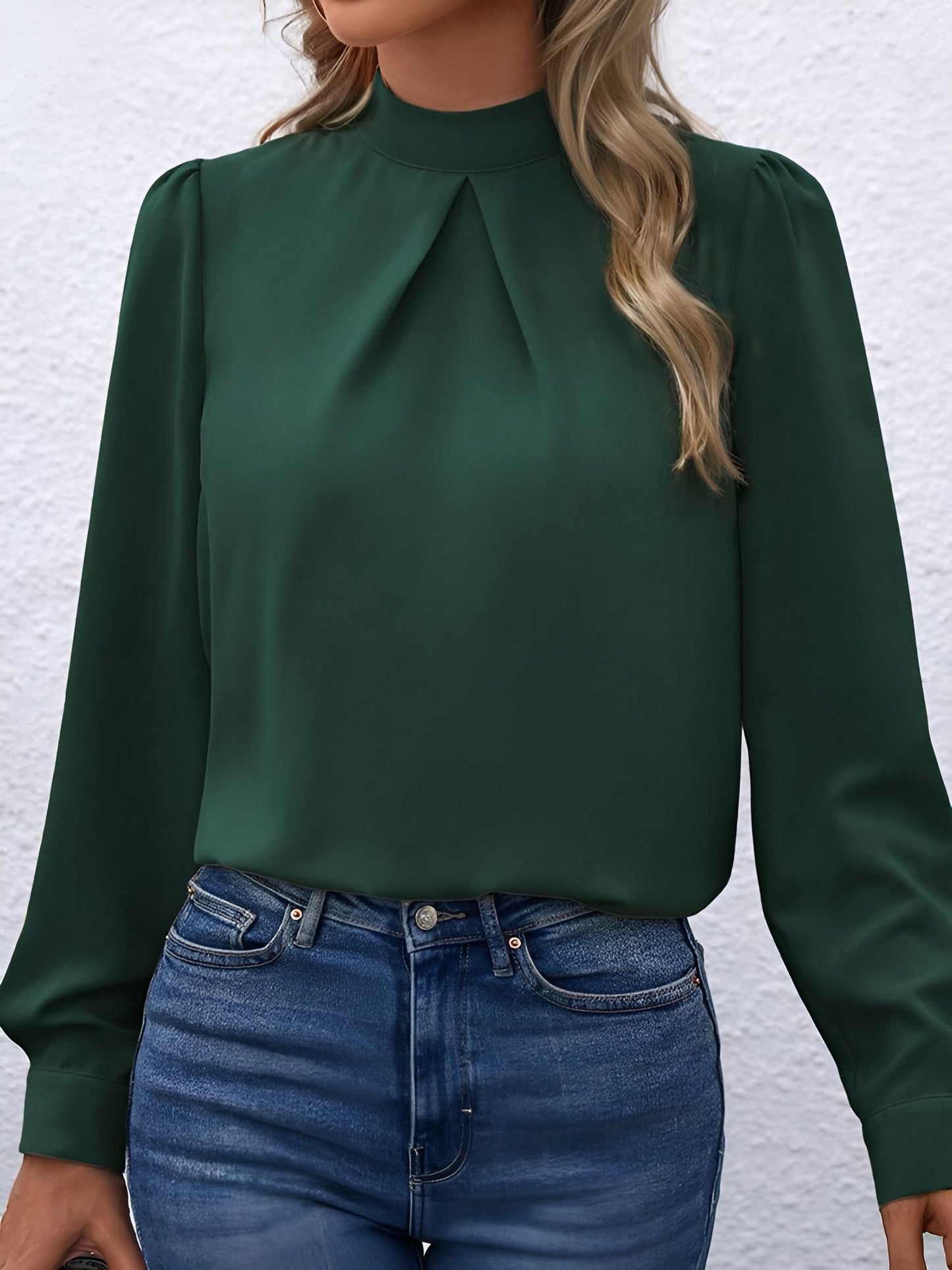 Satin Mock Neck Puff Sleeves Work Blouse