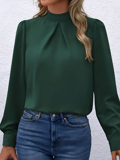 Satin Mock Neck Puff Sleeves Work Blouse