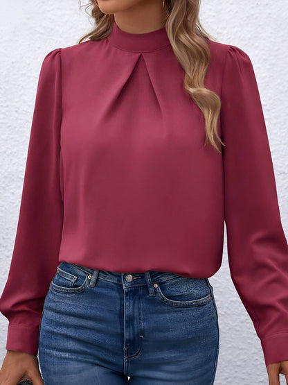 Satin Mock Neck Puff Sleeves Work Blouse
