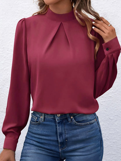 Satin Mock Neck Puff Sleeves Work Blouse