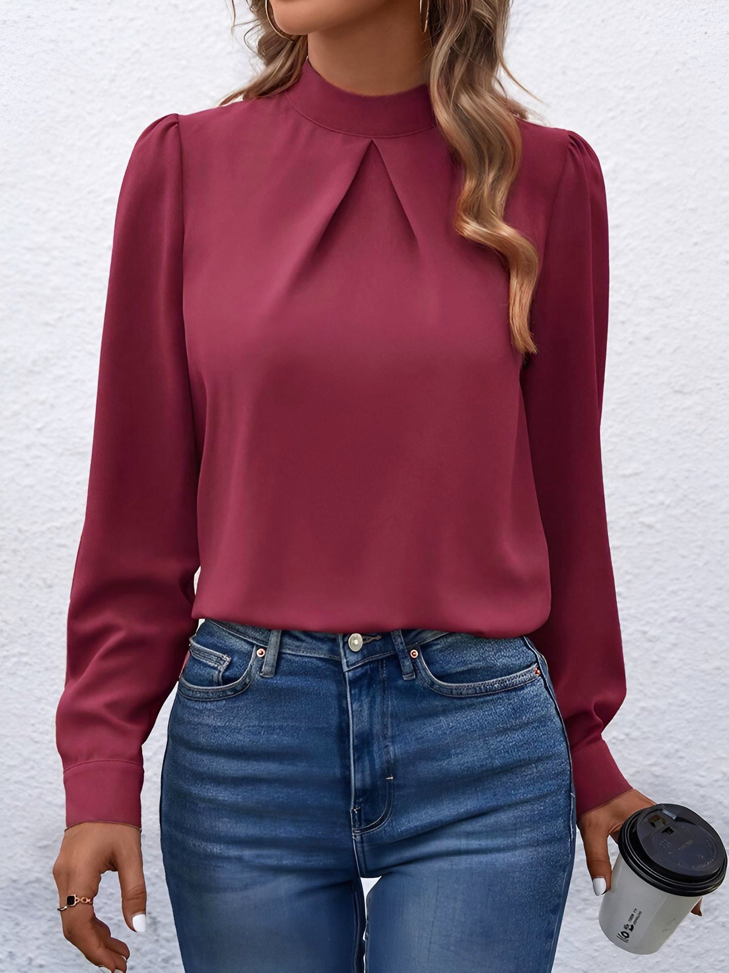 Satin Mock Neck Puff Sleeves Work Blouse