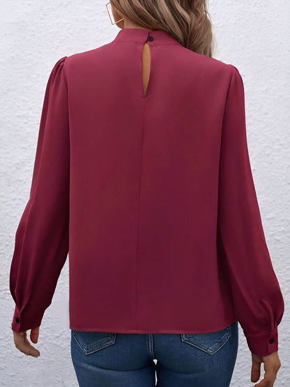 Satin Mock Neck Puff Sleeves Work Blouse