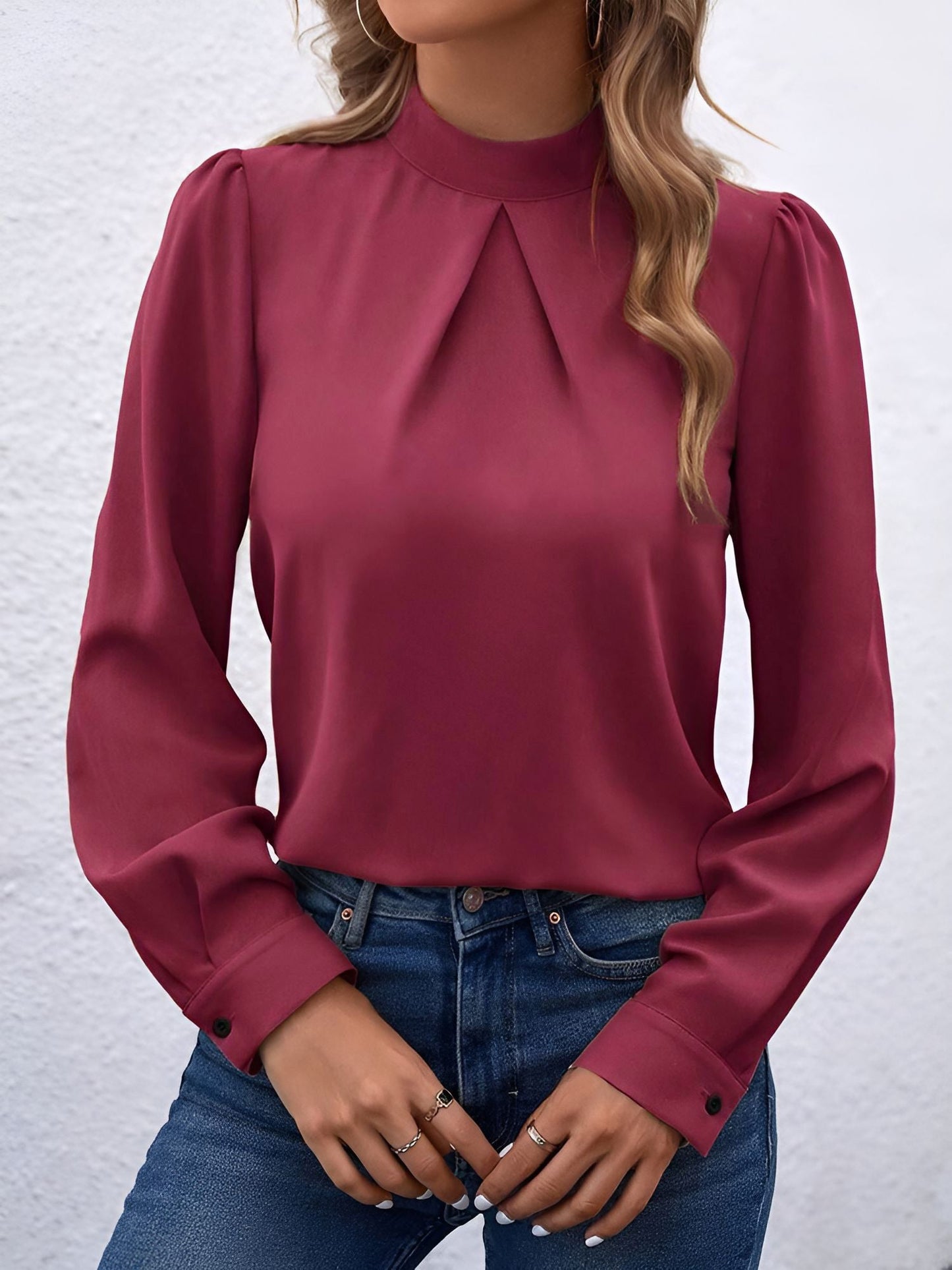Satin Mock Neck Puff Sleeves Work Blouse