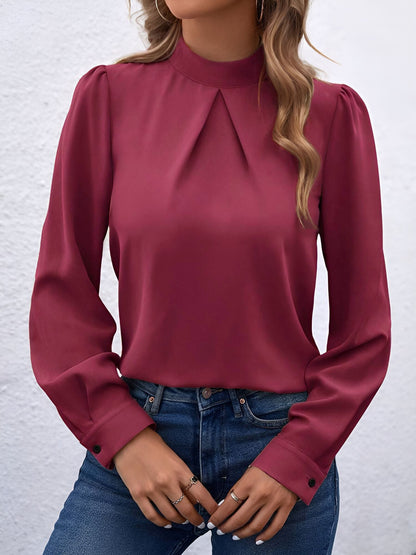 Satin Mock Neck Puff Sleeves Work Blouse