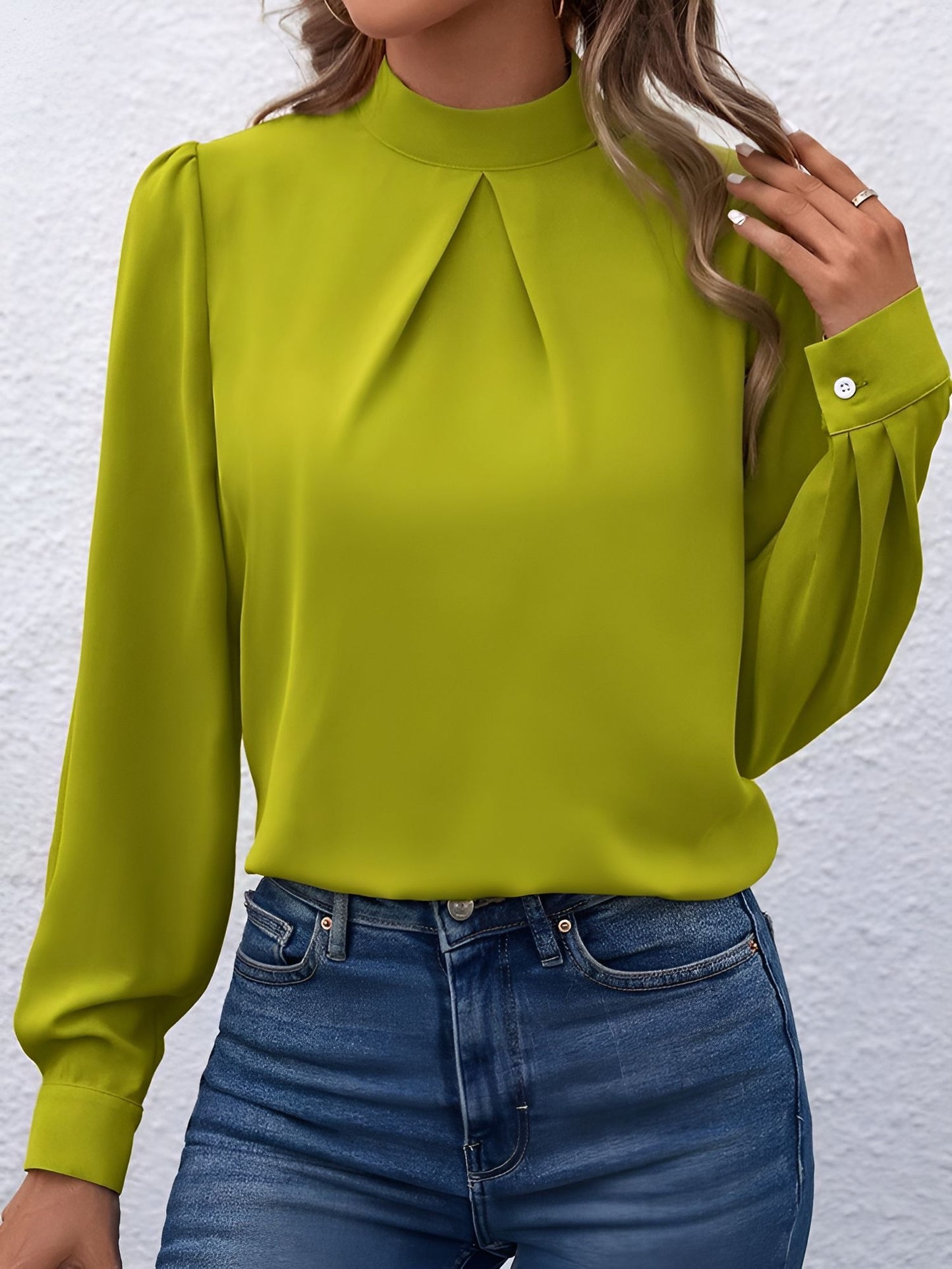 Satin Mock Neck Puff Sleeves Work Blouse