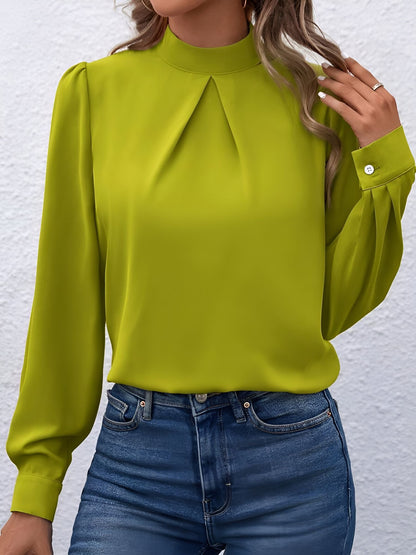 Satin Mock Neck Puff Sleeves Work Blouse