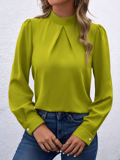 Satin Mock Neck Puff Sleeves Work Blouse