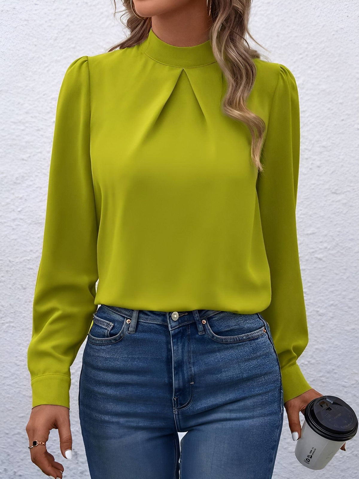 Satin Mock Neck Puff Sleeves Work Blouse