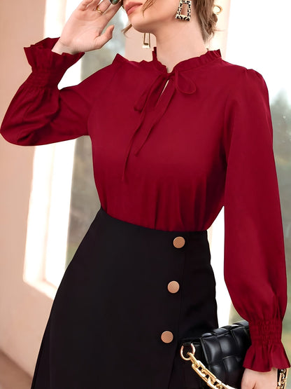 Solid Color Ruffled Neck Smocked Puff Sleeves Blouse
