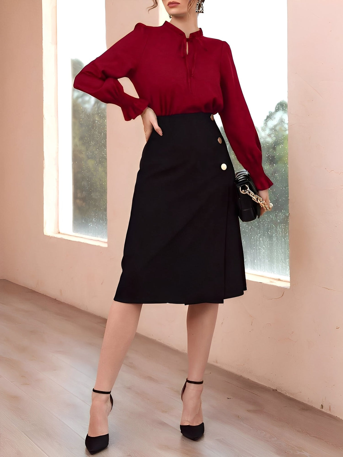 Solid Color Ruffled Neck Smocked Puff Sleeves Blouse