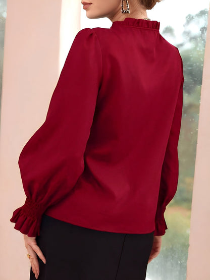 Solid Color Ruffled Neck Smocked Puff Sleeves Blouse