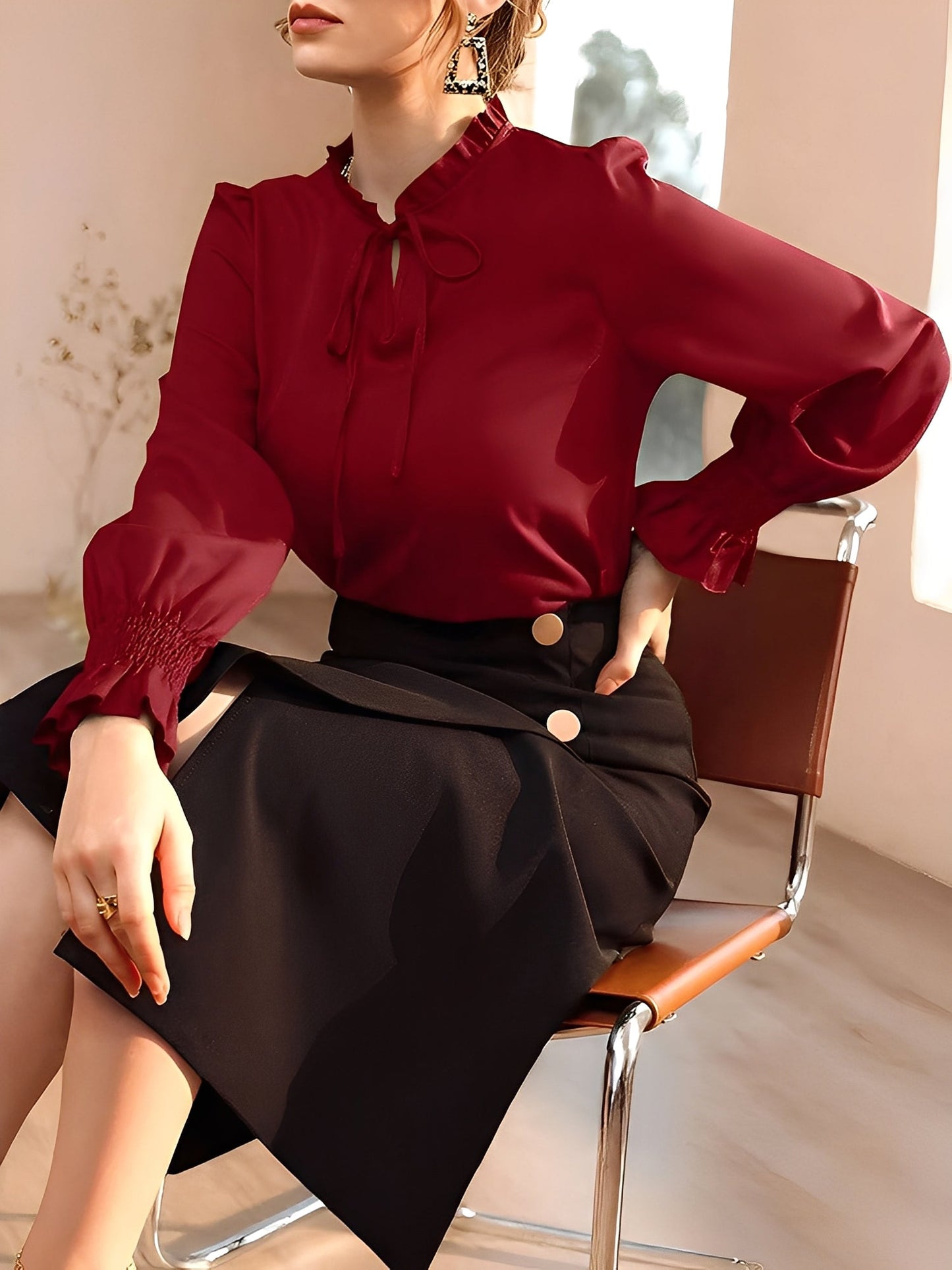 Solid Color Ruffled Neck Smocked Puff Sleeves Blouse