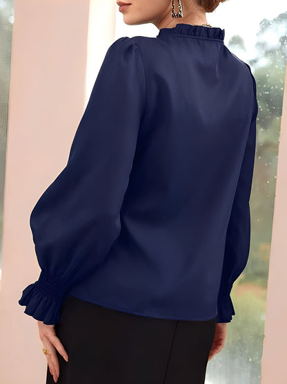 Solid Color Ruffled Neck Smocked Puff Sleeves Blouse