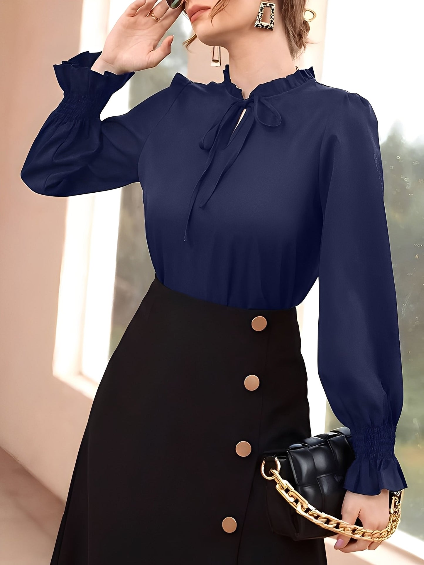 Solid Color Ruffled Neck Smocked Puff Sleeves Blouse