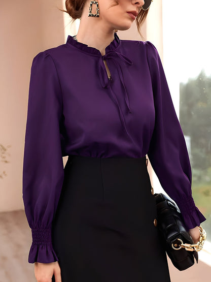 Solid Color Ruffled Neck Smocked Puff Sleeves Blouse