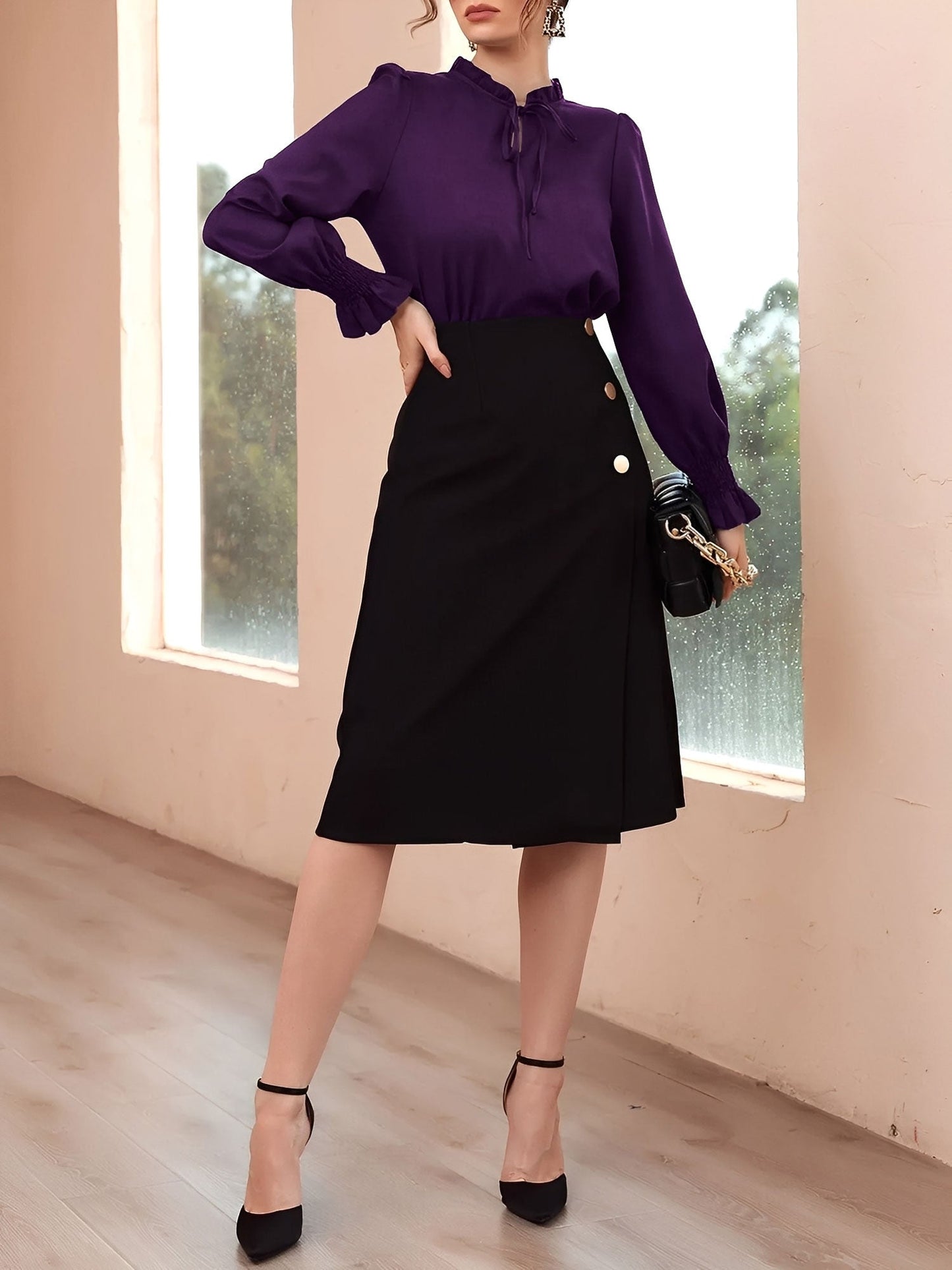 Solid Color Ruffled Neck Smocked Puff Sleeves Blouse