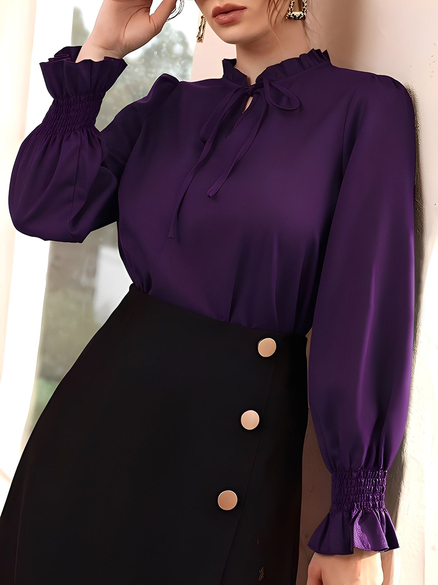 Solid Color Ruffled Neck Smocked Puff Sleeves Blouse
