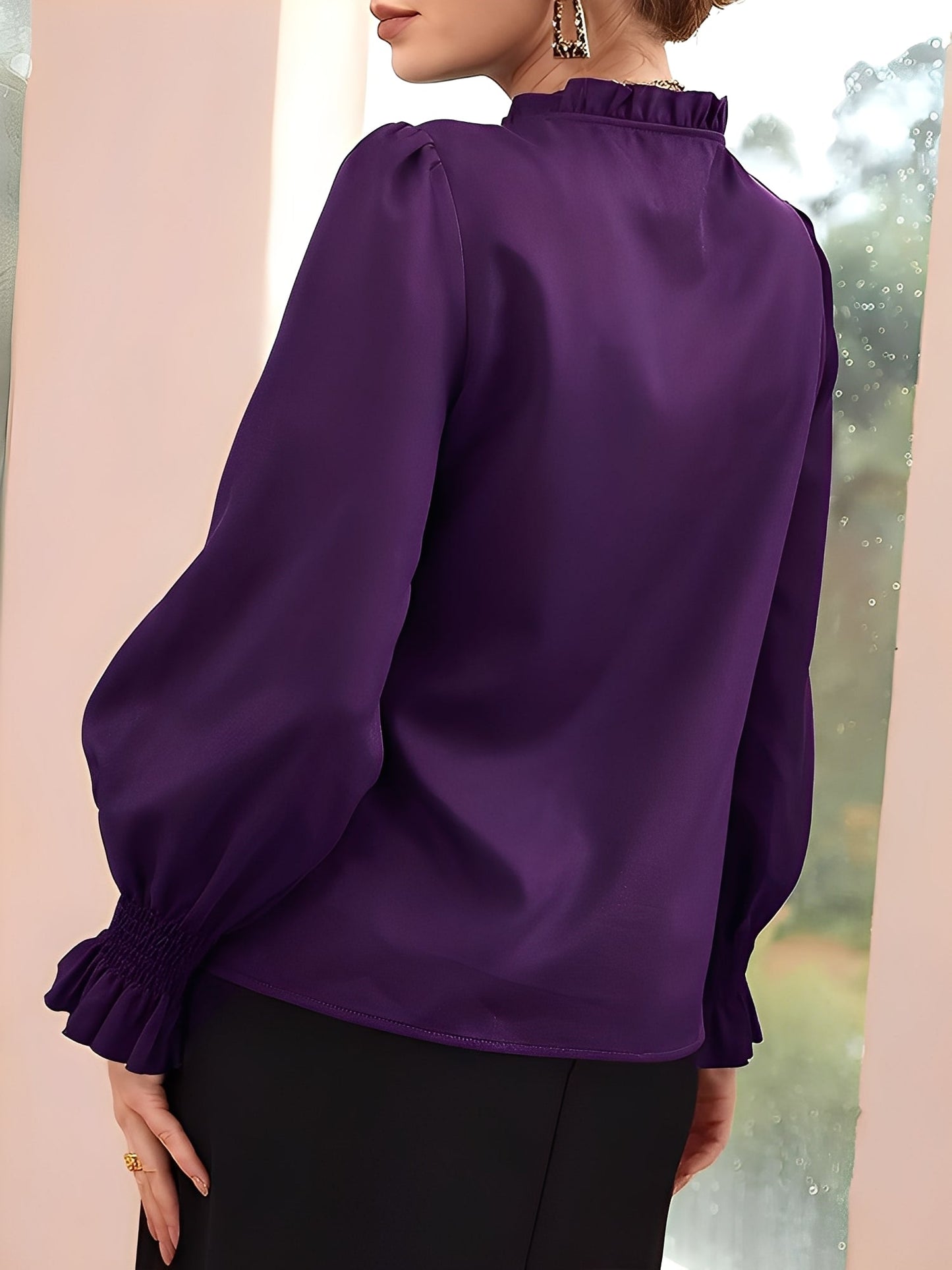 Solid Color Ruffled Neck Smocked Puff Sleeves Blouse