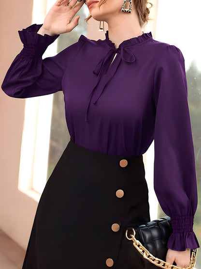 Solid Color Ruffled Neck Smocked Puff Sleeves Blouse