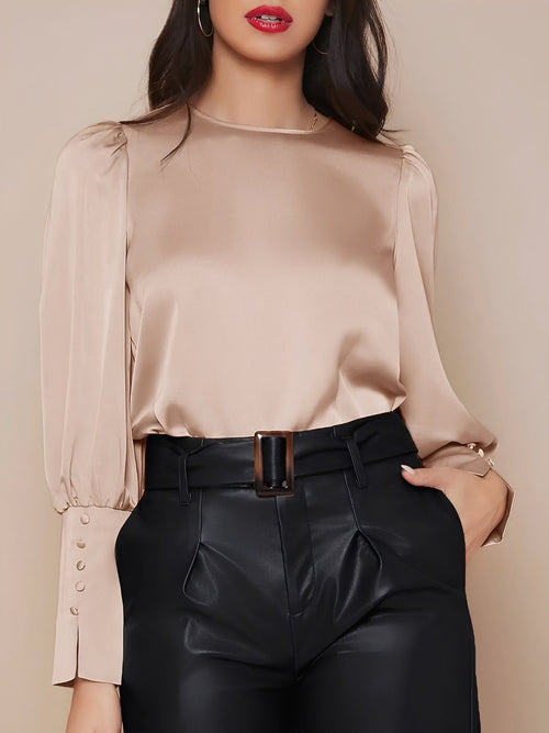 Satin Crew Neck Bishop Sleeves Work Blouse