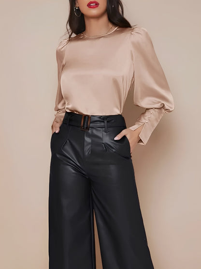 Satin Crew Neck Bishop Sleeves Work Blouse