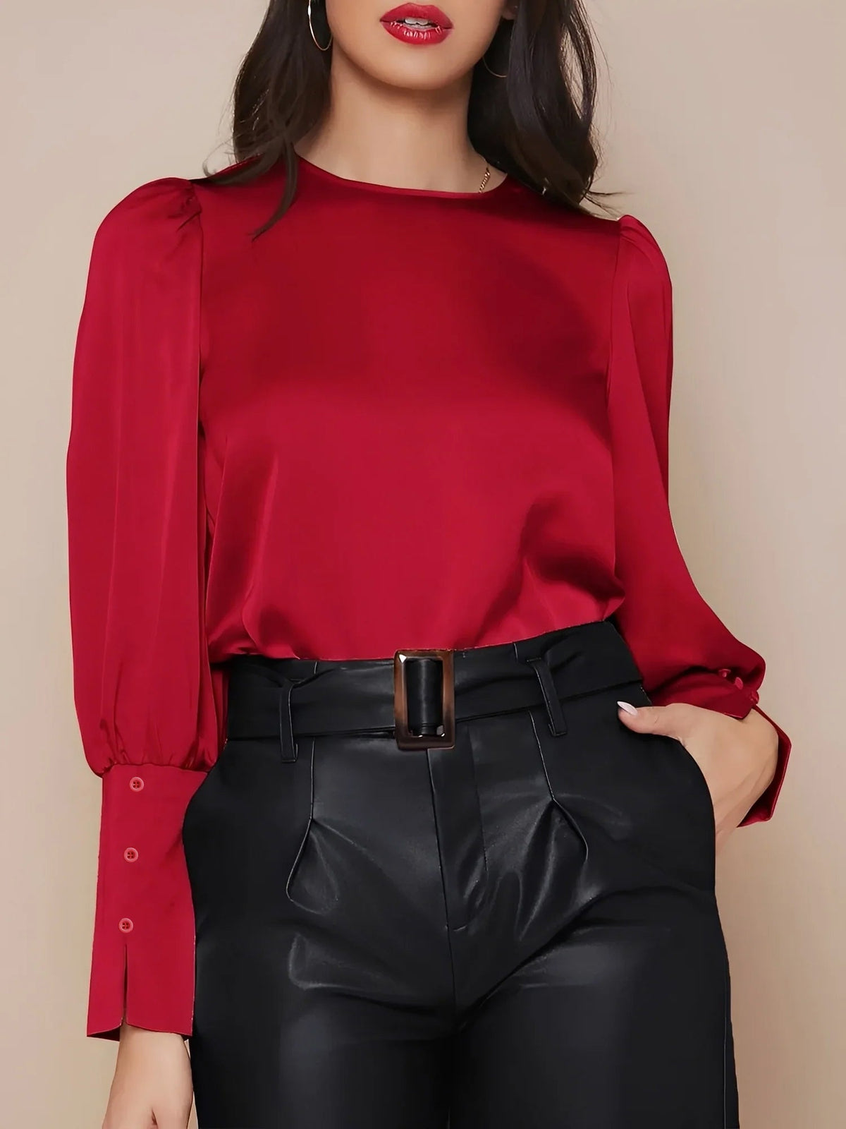 Satin Crew Neck Bishop Sleeves Work Blouse