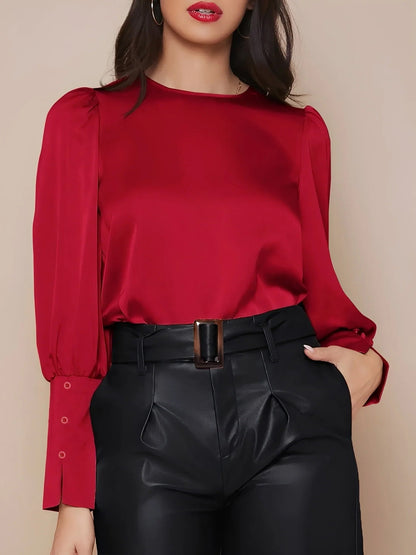 Satin Crew Neck Bishop Sleeves Work Blouse