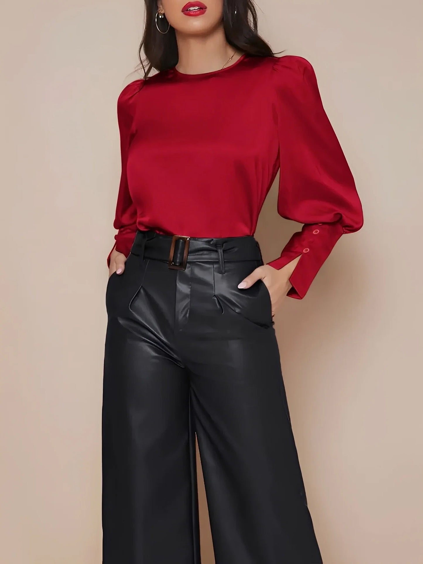 Satin Crew Neck Bishop Sleeves Work Blouse