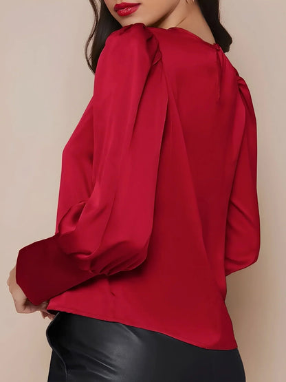 Satin Crew Neck Bishop Sleeves Work Blouse