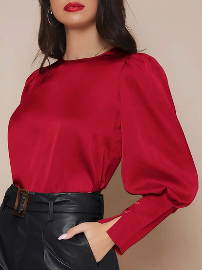 Satin Crew Neck Bishop Sleeves Work Blouse