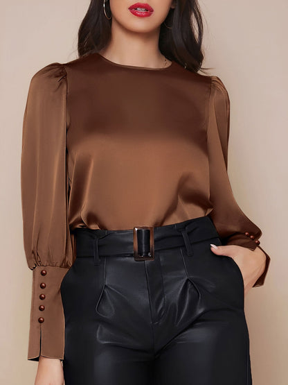 Satin Crew Neck Bishop Sleeves Work Blouse