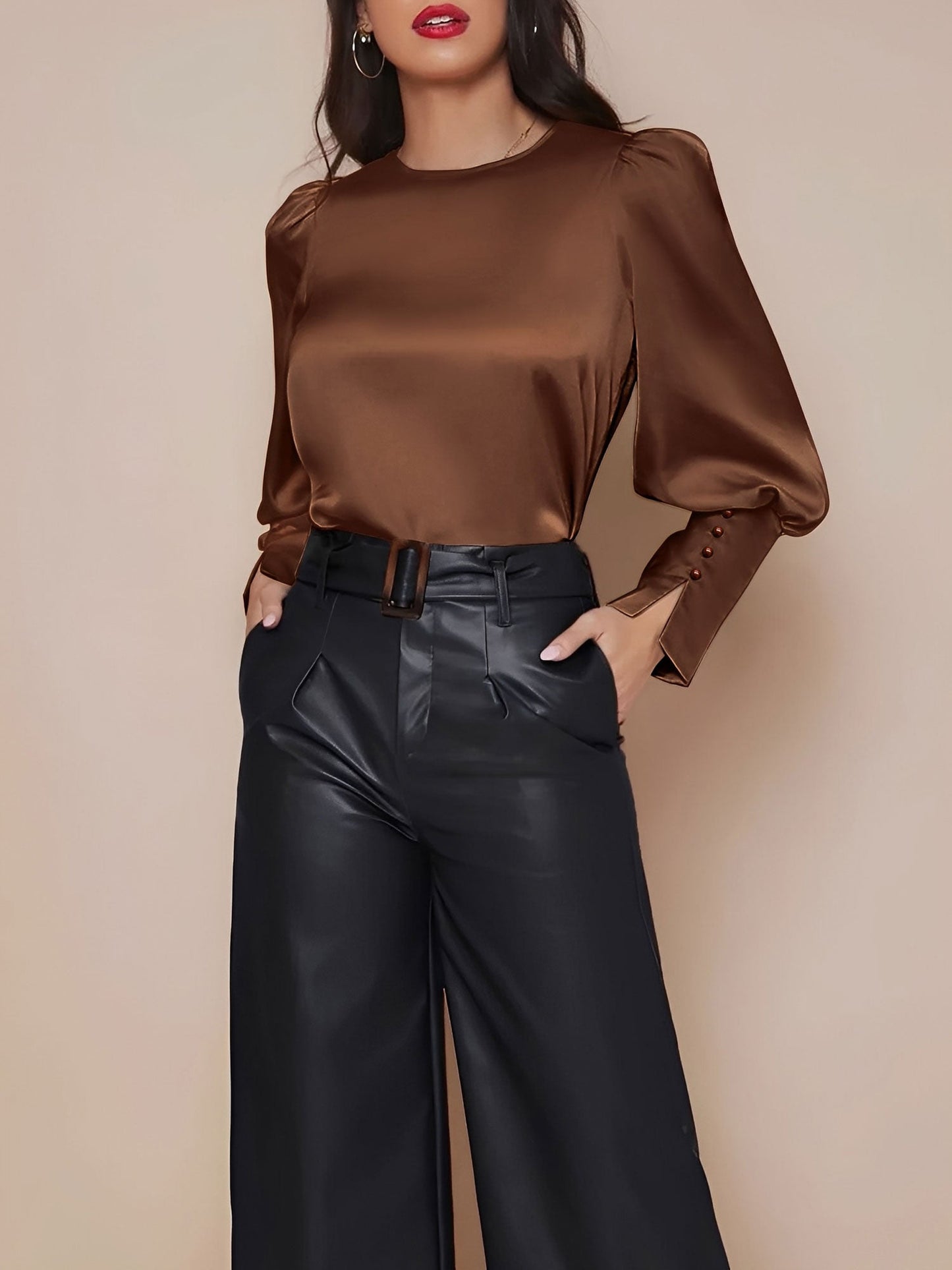 Satin Crew Neck Bishop Sleeves Work Blouse